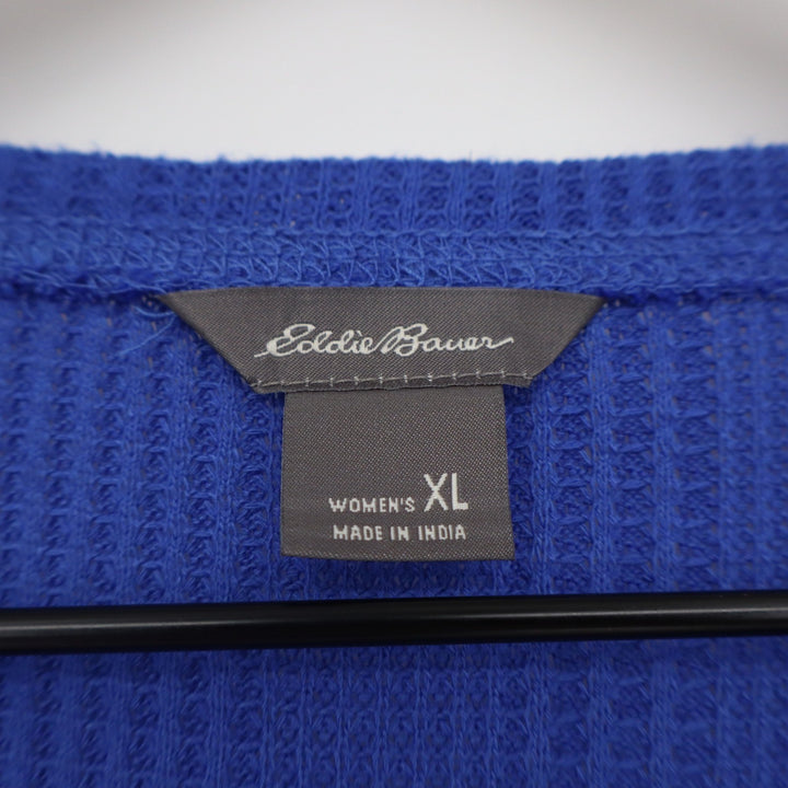 Eddie Bauer Womens XL Blue Waffle Knit Split Neck Raglan Long Sleeve Top