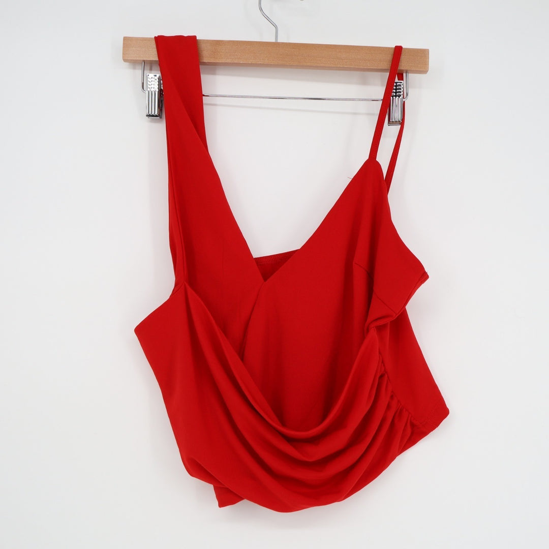 Cropped Top Womens Large Red Stretch Cowl Neck Sleeveless V-Neck Pullover