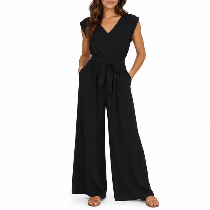 Jumpsuit Womens Small Black V-Neck Belted Waist Sleeveless Wide Leg One Piece