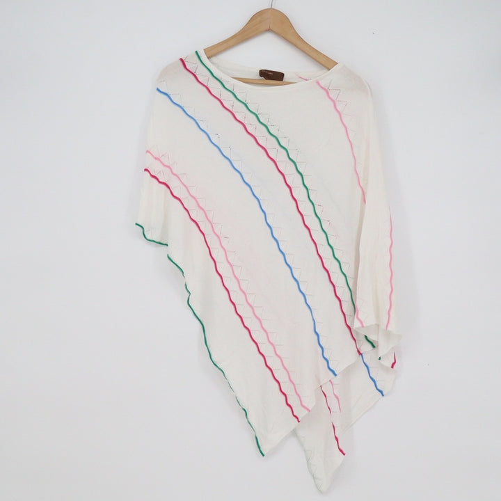 Kerisma Womens Asymmetrical White Pointelle Knit Poncho Multi Color Wavy Stripe