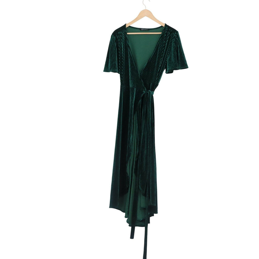 Simplee Dark Green Ribbed Velvet Wrap Dress Short Flutter Sleeve Midi Green M