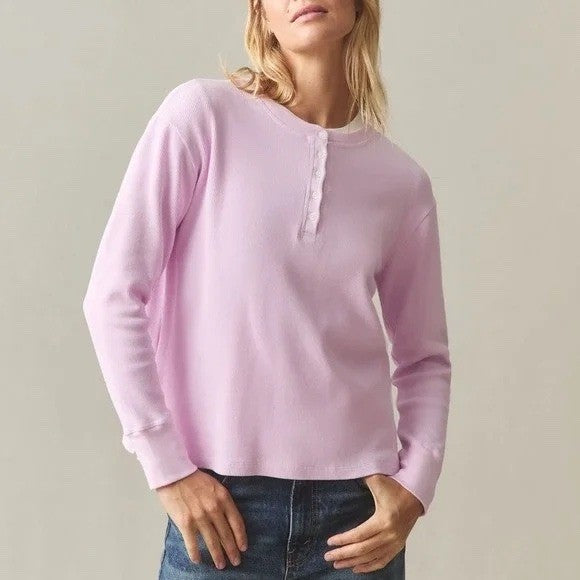American Giant Thermal T-Shirt Womens S Pink Cotton Stretch Waffle Henley Neck