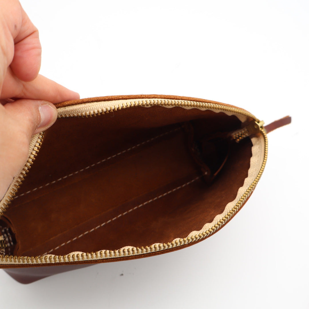 Handmade Brown Leather Dome Cosmetic Bag Pouch Brass Zipper Contrast Stitching