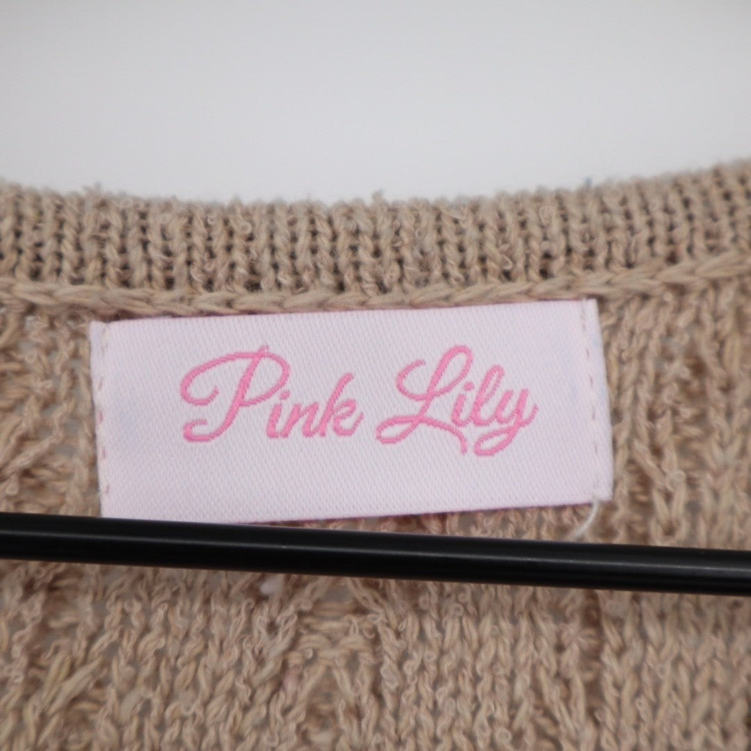 Pink Lily Vest Sweater Womens Medium/Large Beige Cable Knit Ribbed Round Neck