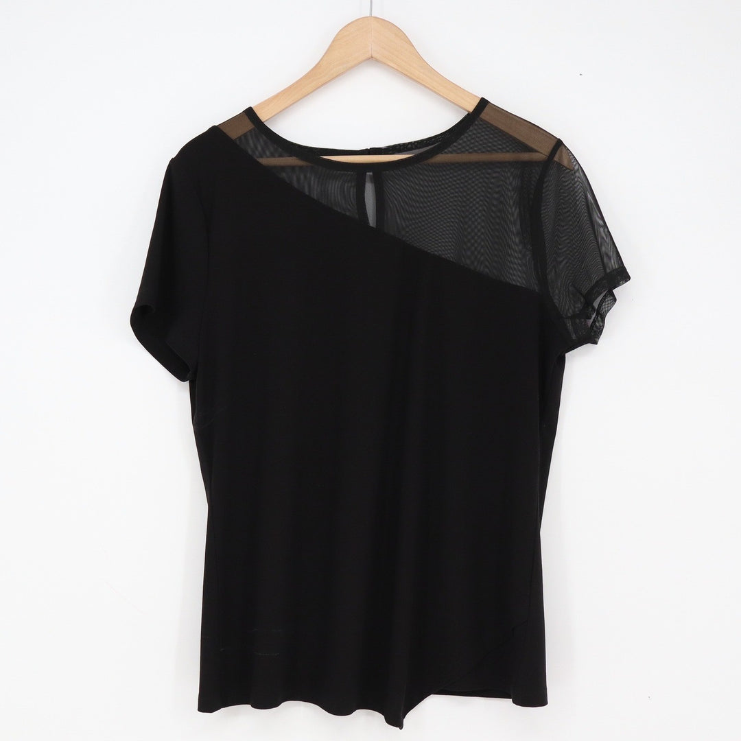 INC Top Womens L Mesh Asymmetrical Yoke Black Short Sleeve Stretch Excellent