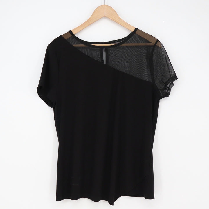 INC Top Womens L Mesh Asymmetrical Yoke Black Short Sleeve Stretch Excellent