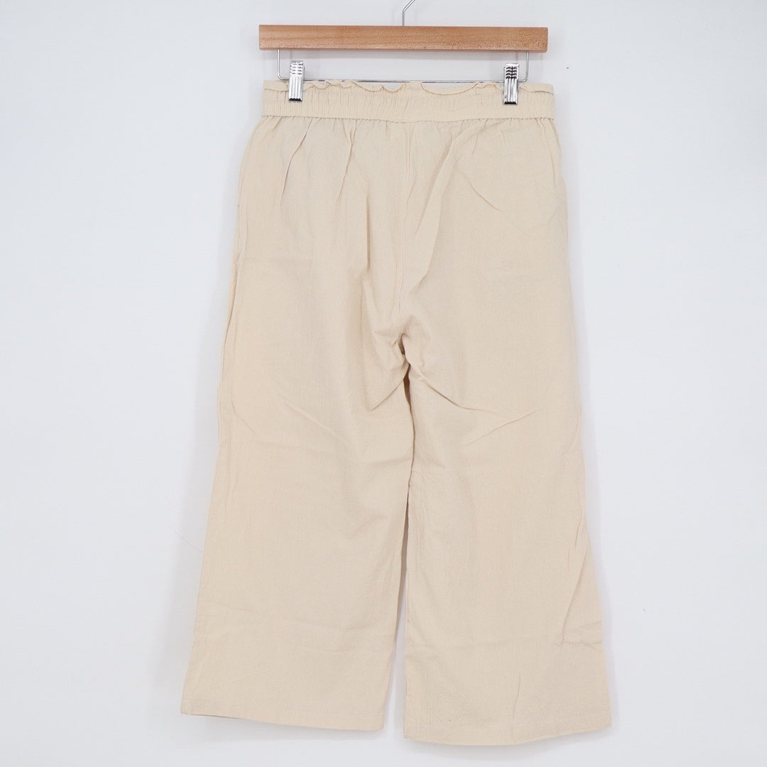 Linen Cotton Blend Wide Leg Crop Pants Beige Elastic Waist Drawstring Small