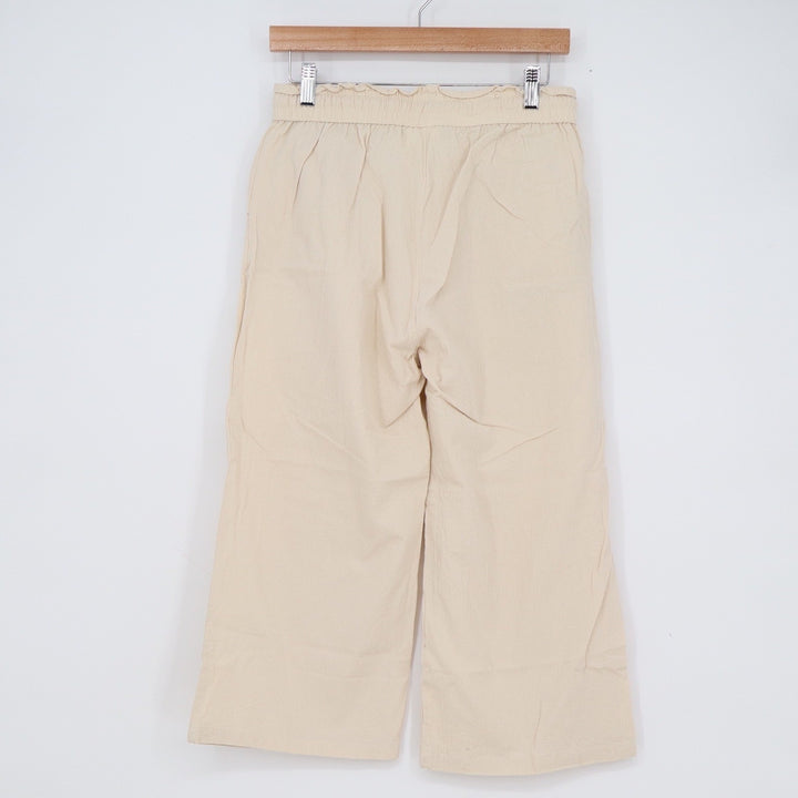 Linen Cotton Blend Wide Leg Crop Pants Beige Elastic Waist Drawstring Small