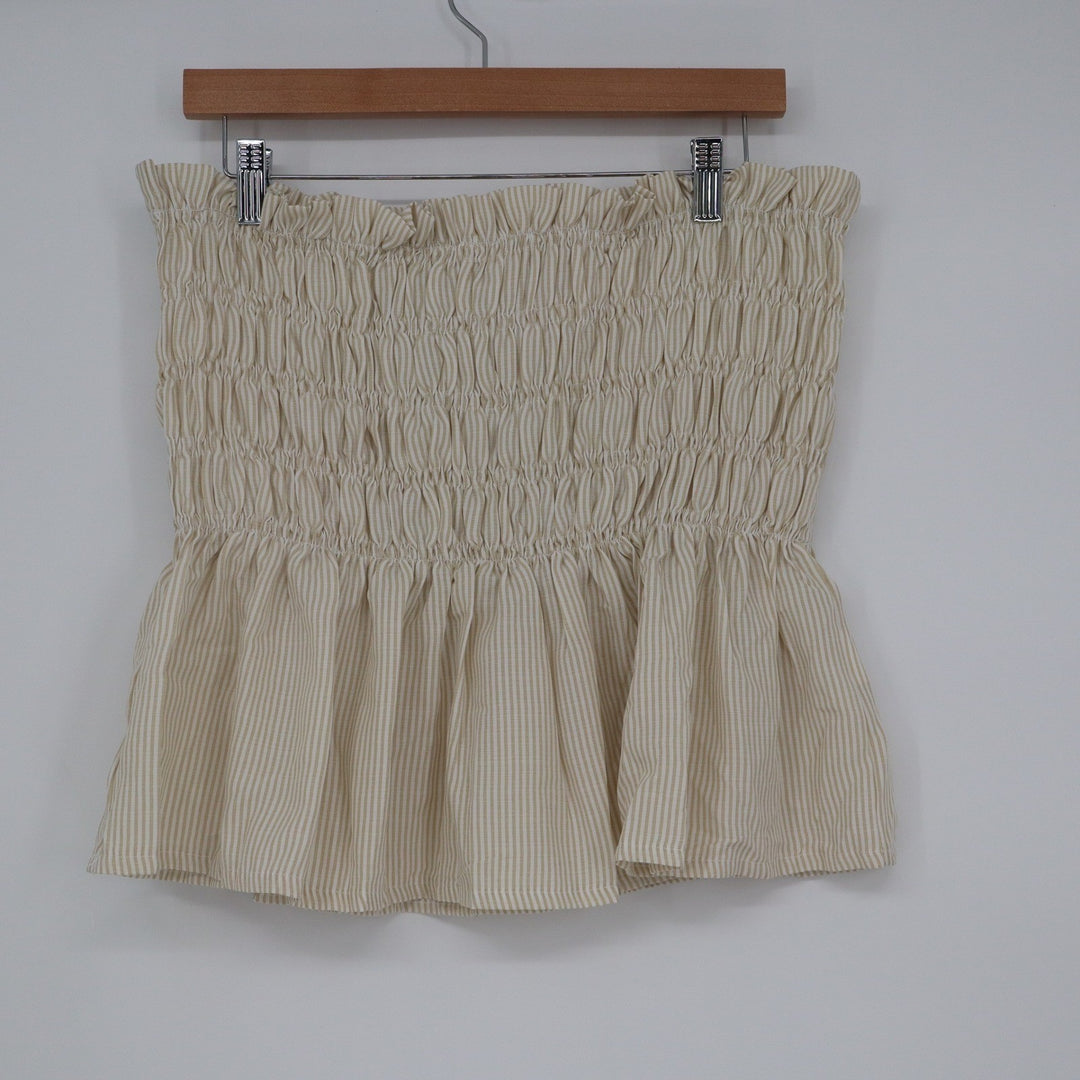 Tan White Striped Smocked Peplum Tube Top and Shorts Set XL