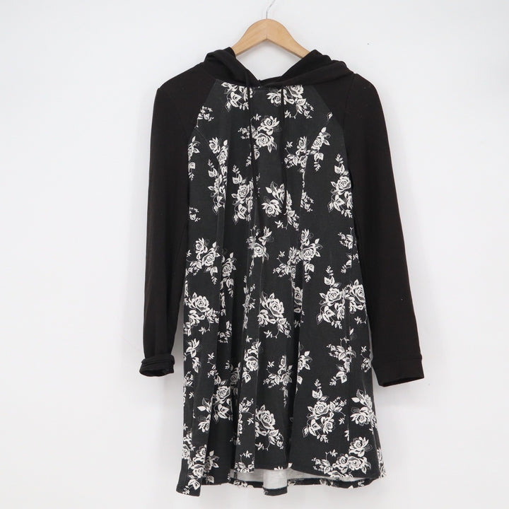 Eric + Lani Womens Black Floral Raglan Hoodie Dress Large Rose Print