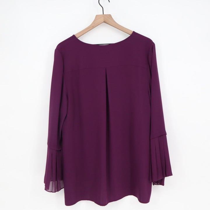 Chicos Tunic Top Women 12/14 Purple Pleated Bell Sleeves Round Neck High Low Hem