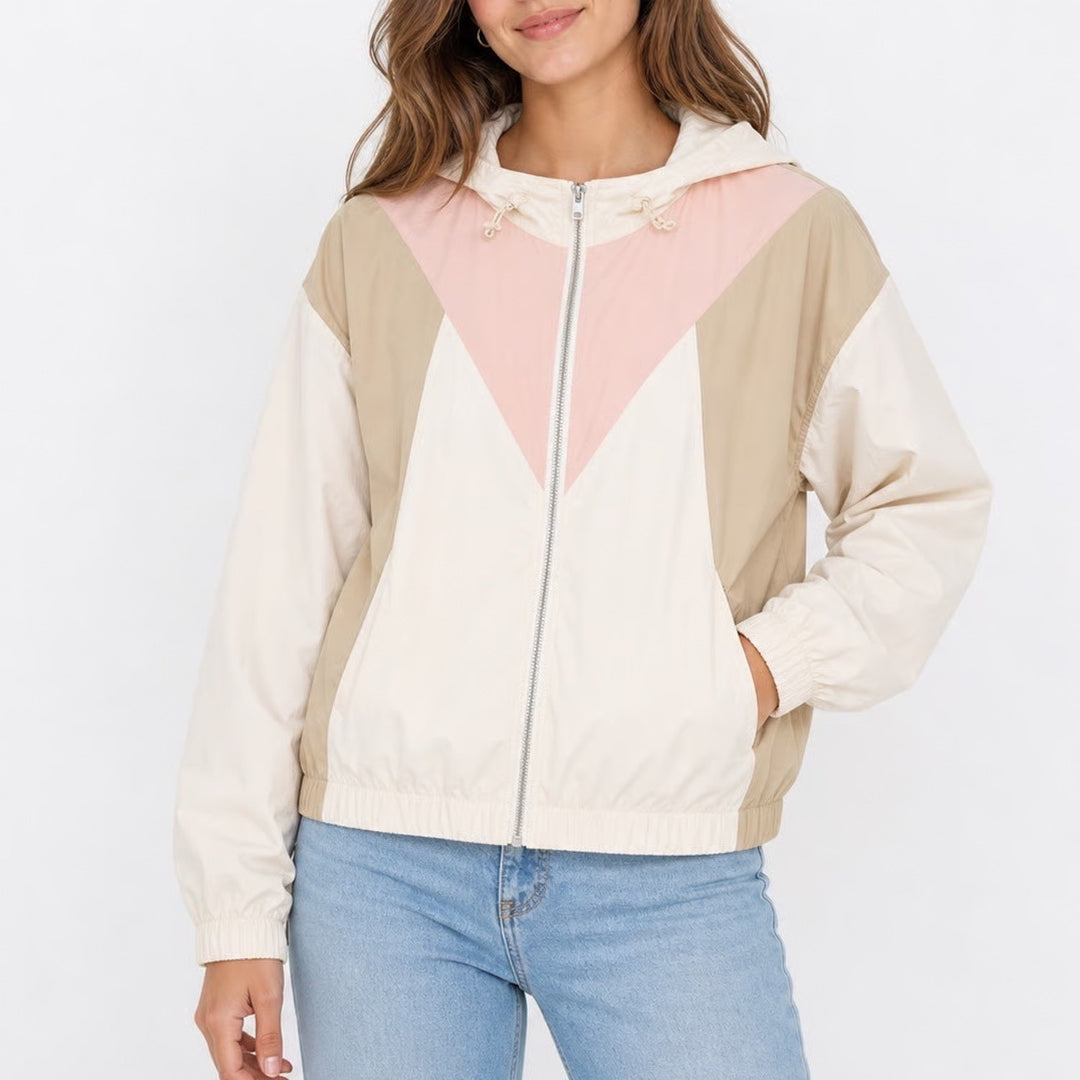 Abercrombie & Fitch Womens Colorblock Windbreaker Hooded Jacket Pink Tan Medium