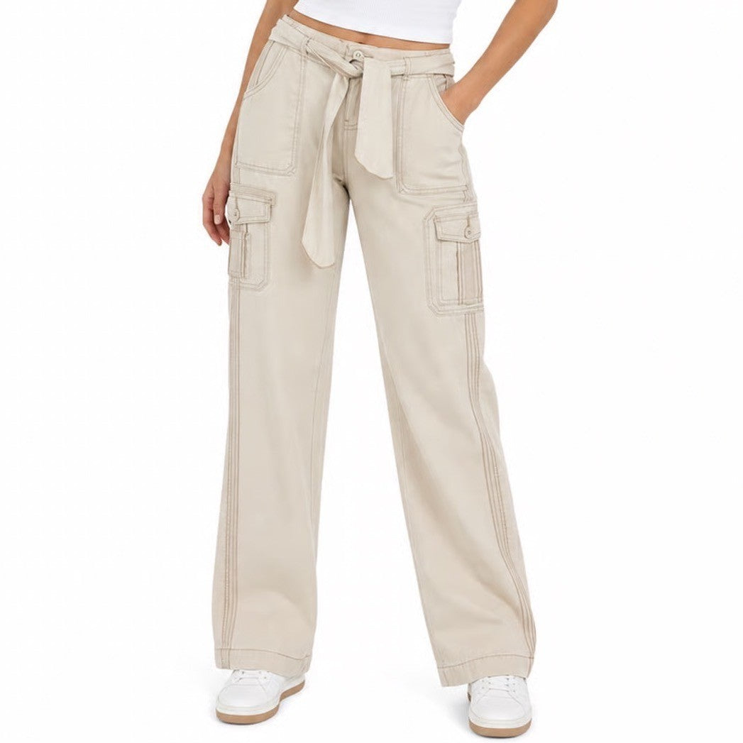No Boundaries Khaki Cargo Pants Juniors Size 5 Straight Leg Tie Belt Y2K
