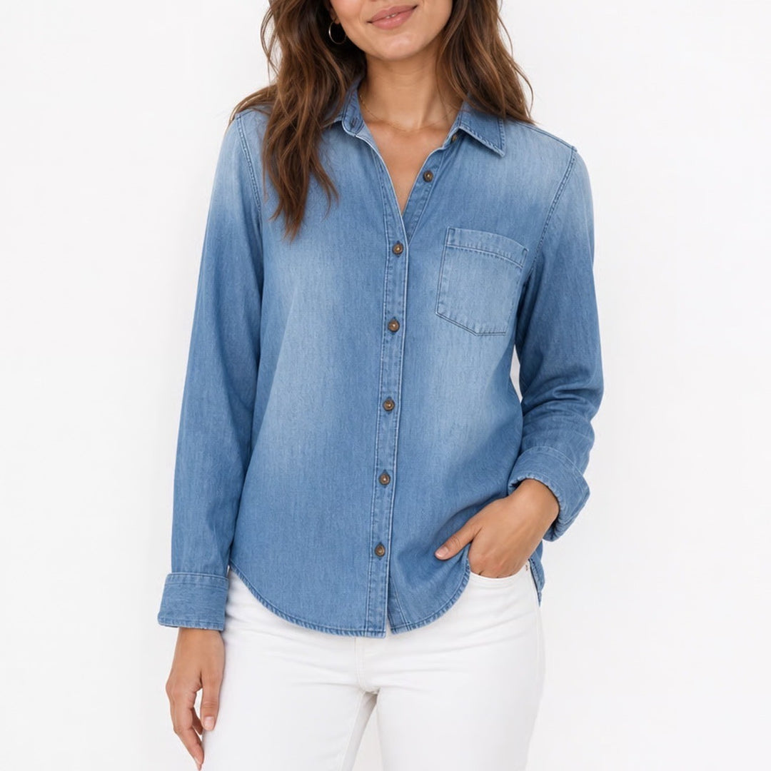 Old Navy The Classic Shirt Womens Medium Blue Denim Cotton Long Sleeve Button Up