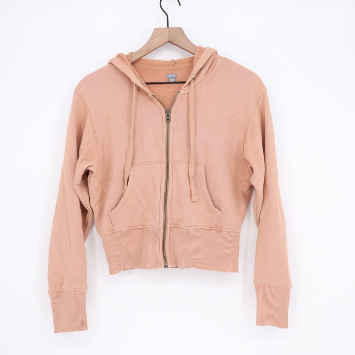 Aerie Womens Cropped Zip Up Hoodie Peach Tan Ribbed Hem XS