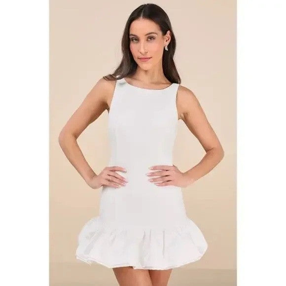 Lulus Superb Aura White Ruffled Drop Waist Mini Dress Size M