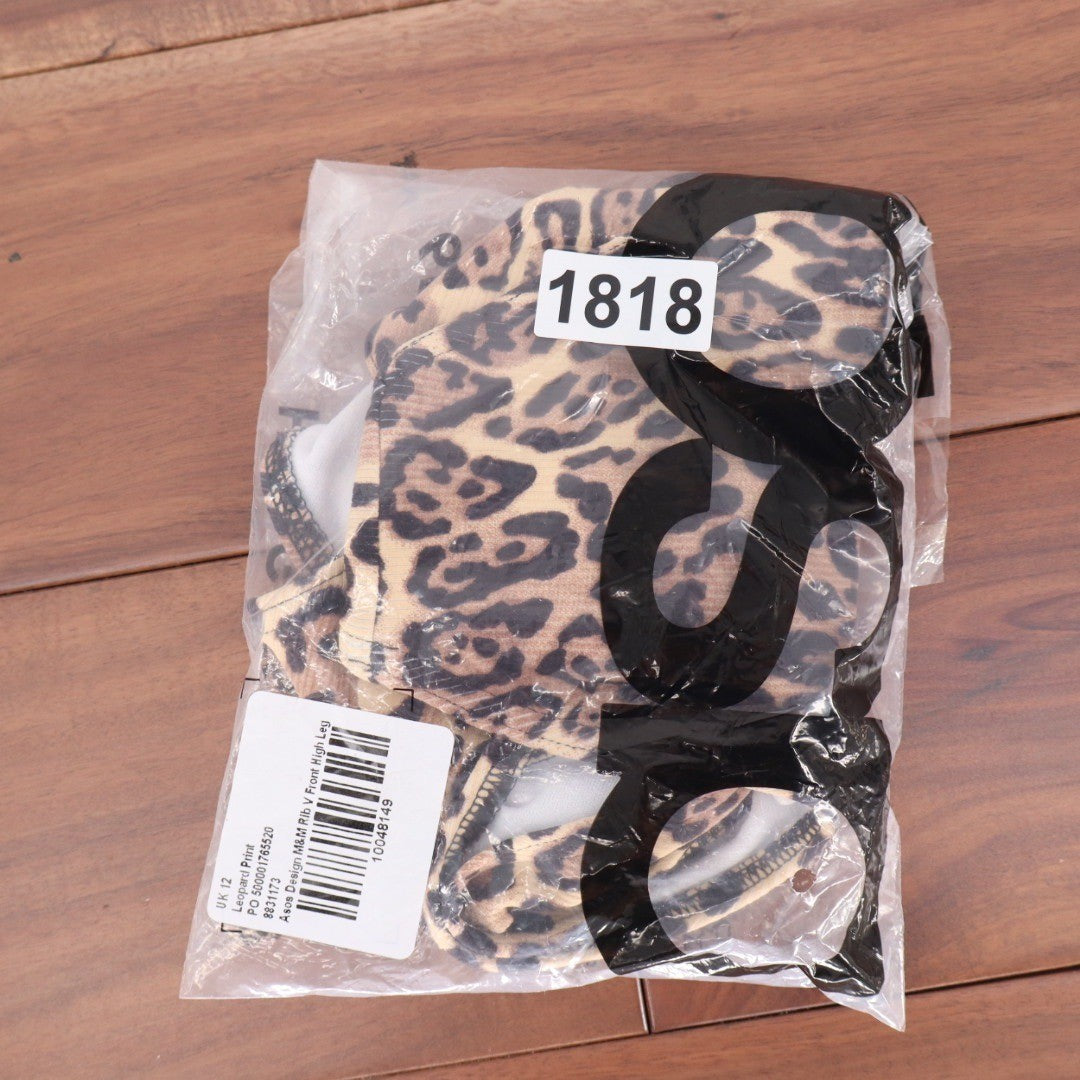 ASOS DESIGN Leopard Print Rib V Front High Leg Bikini Bottoms Size 12