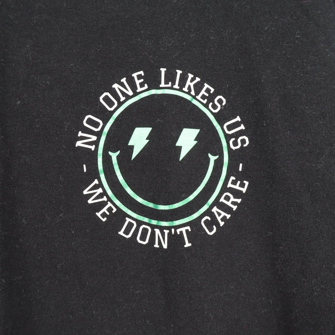 No One Likes Us We Dont Care Graphic T-Shirt Black Smiley Face Lightning Bolt L