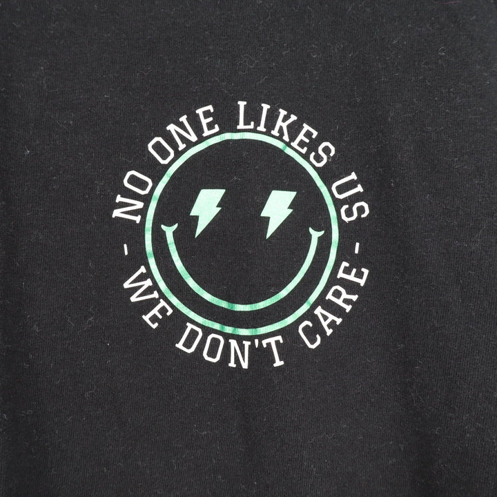 No One Likes Us We Dont Care Graphic T-Shirt Black Smiley Face Lightning Bolt L