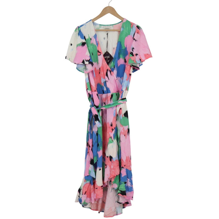 Ava & Viv XXL Abstract Floral Wrap Dress Pink Blue Green High Low Ruffle Midi