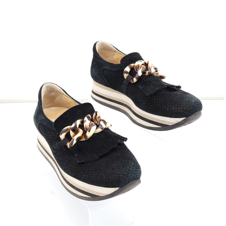 Softwalk Black Suede Platform Loafers Tortoiseshell Chain Kiltie Fringe Size 8