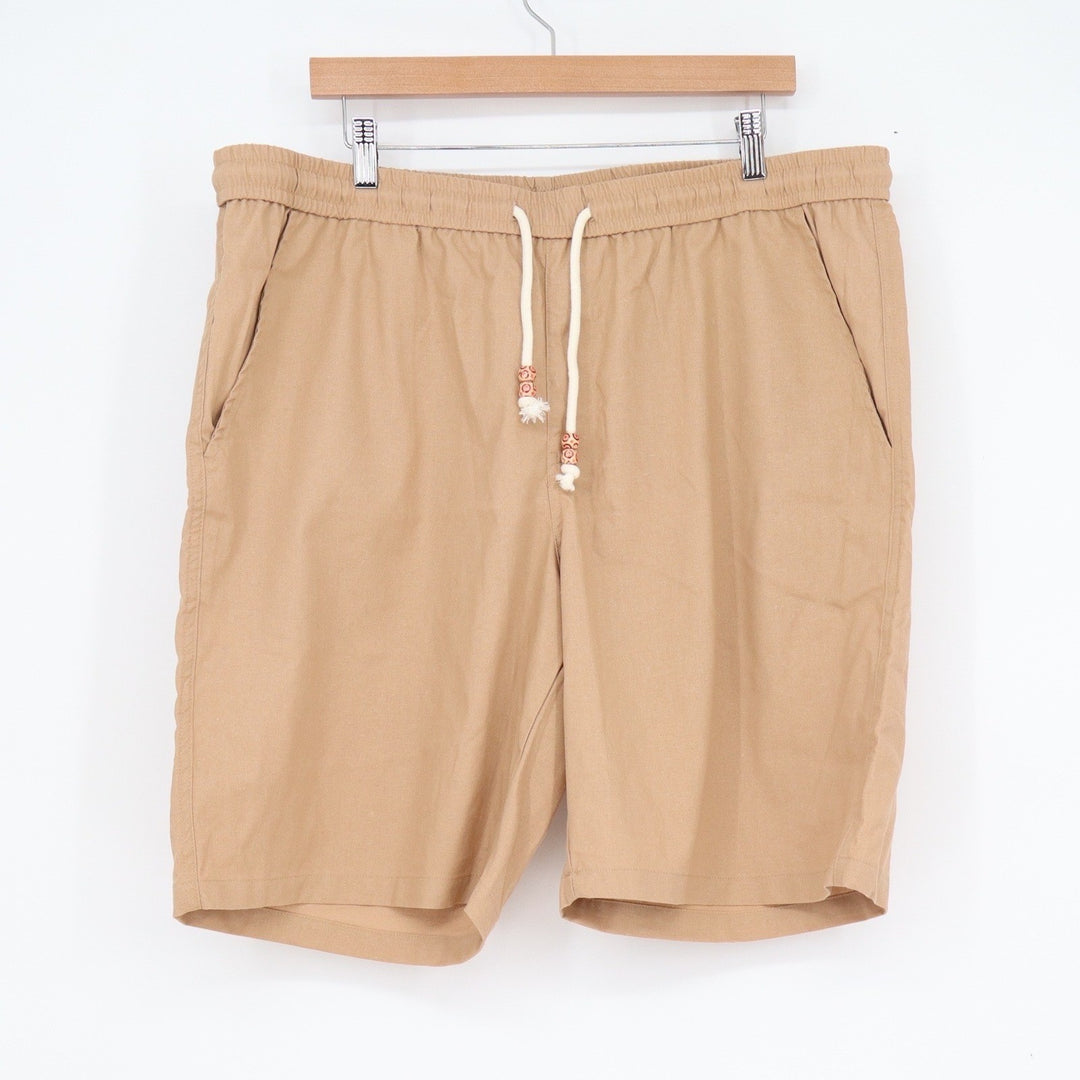 Tan Cotton Linen Blend Drawstring Shorts Mens 3XL Beaded Pull On