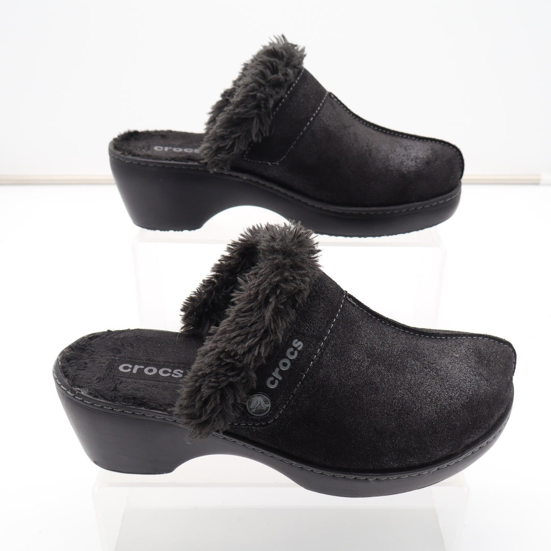 Crocs Sarah Fuzz Lined Clog Black Faux Fur Wedge Mules Womens Size 8