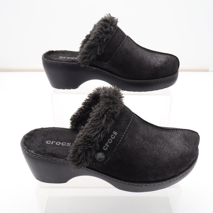 Crocs Sarah Fuzz Lined Clog Black Faux Fur Wedge Mules Womens Size 8
