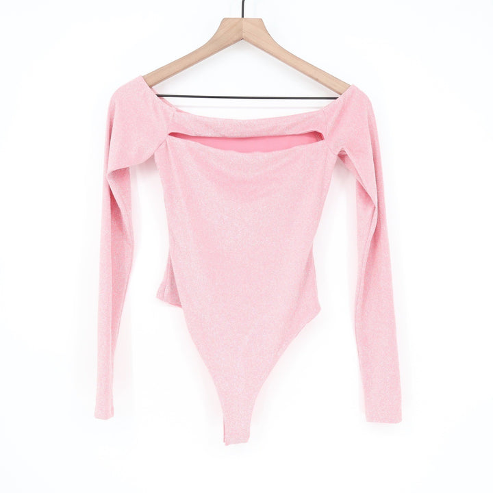 Naked Wardrobe Pink Glitter Off Shoulder Cutout Bodysuit XL Metallic