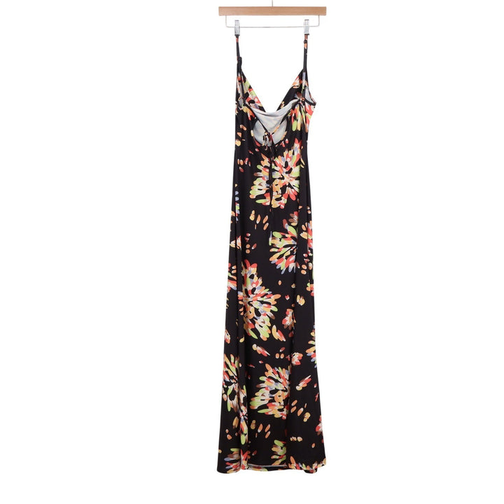 Black Floral Burst Cowl Neck Maxi Dress Sleeveless Spaghetti Strap Large