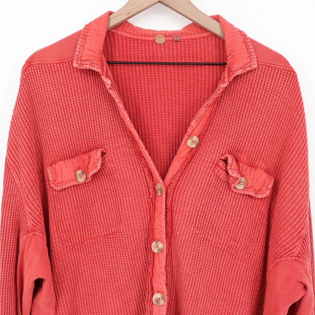 Free People One Scout Jacket Womens Small Red Cotton Waffle Knit Long Sleeve