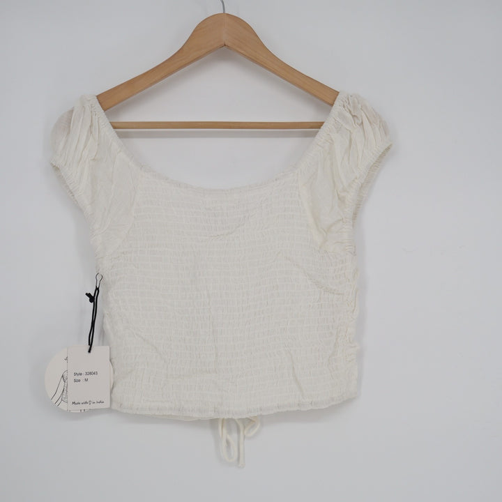 Japna Cropped Top Womens Medium White Smocked Back Cap Sleeve Tie-Front Detail