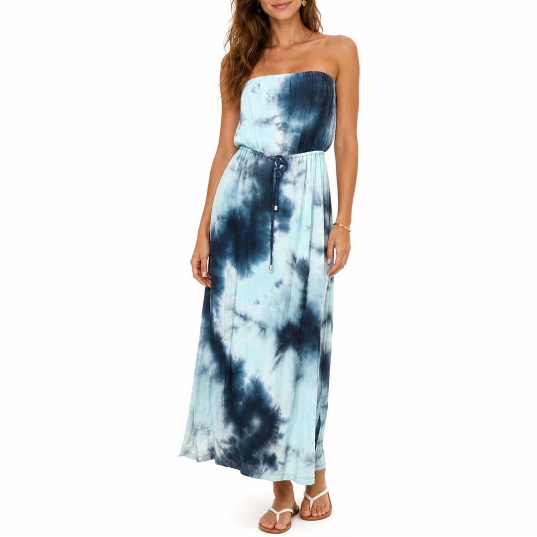 Veronica M Blue Tie Dye Strapless Maxi Dress Small Drawstring Waist Boho