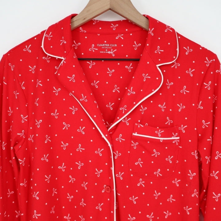 Charter Club Intimates Pajama Shirt Womens S Red Bow Print Stretch Lapel Collar