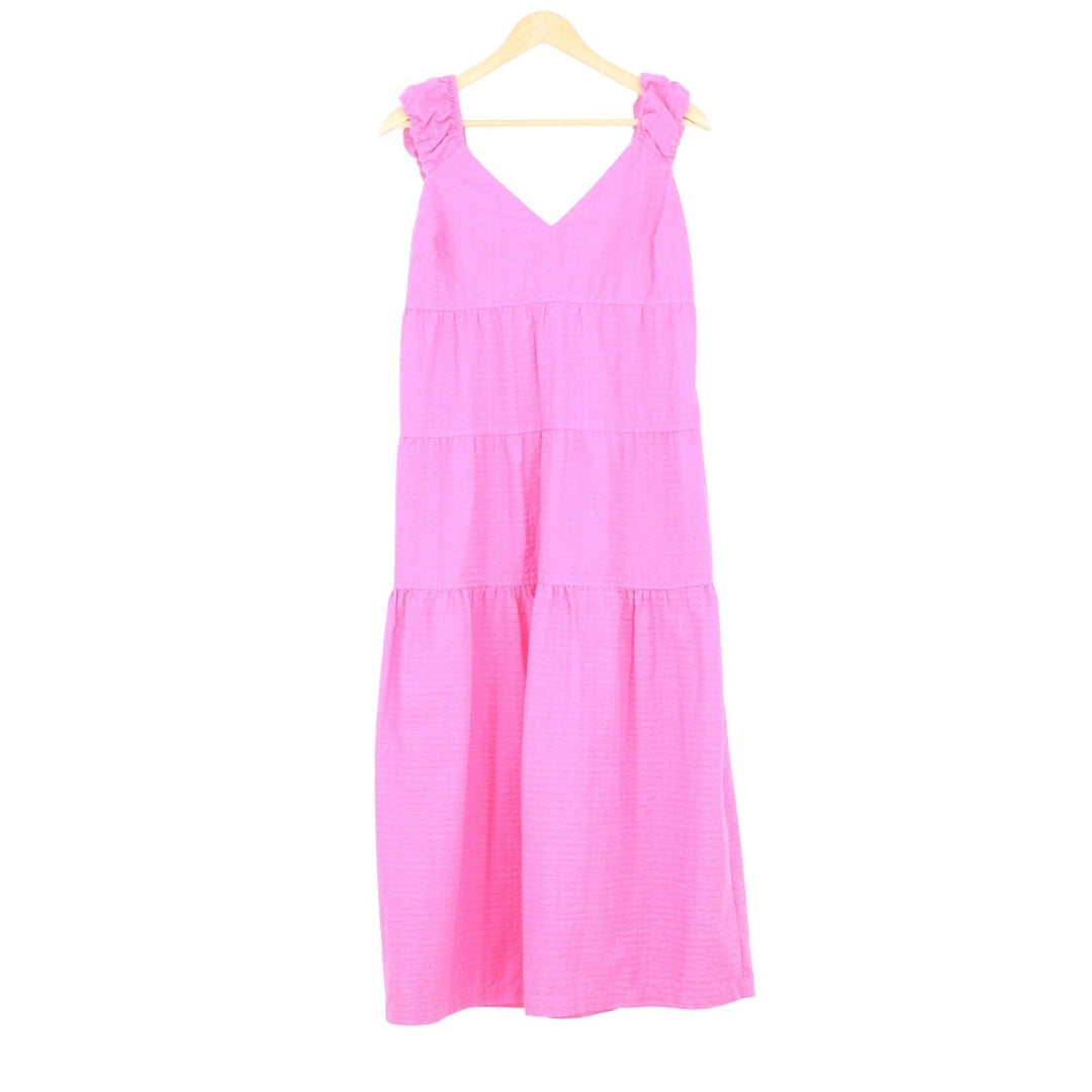 Old Navy Pink Seersucker Tiered Maxi Dress Ruffle Tie V-Neck M