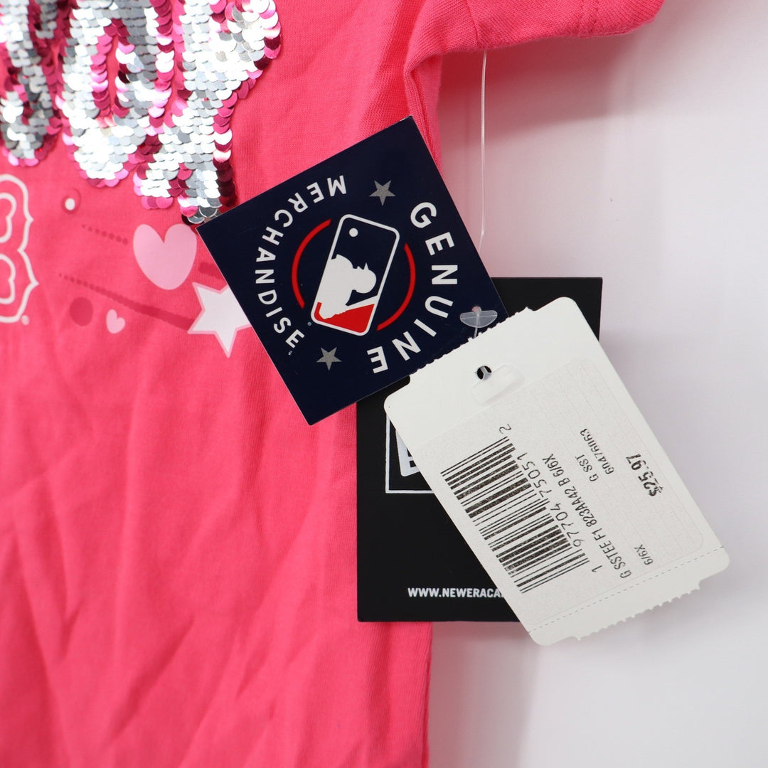 New Era Girls Boston Red Sox Pink Sequin V-Neck T-Shirt Size 6/6X MLB NEW
