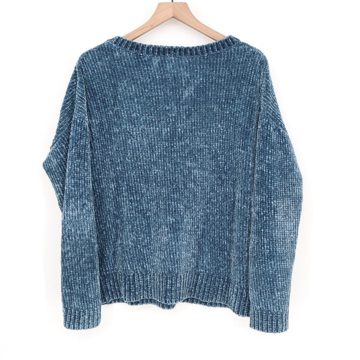 Gap Sweater Women XL Blue Velvet Chenille Long Sleeve Super Soft V-Neck Pullover