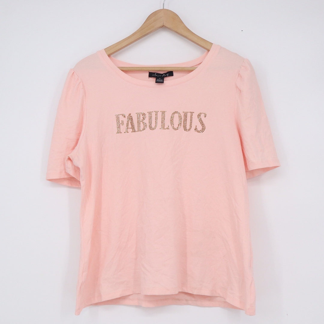 A Love Story Pink Fabulous Rhinestone Graphic Puff Sleeve Tee Shirt XL