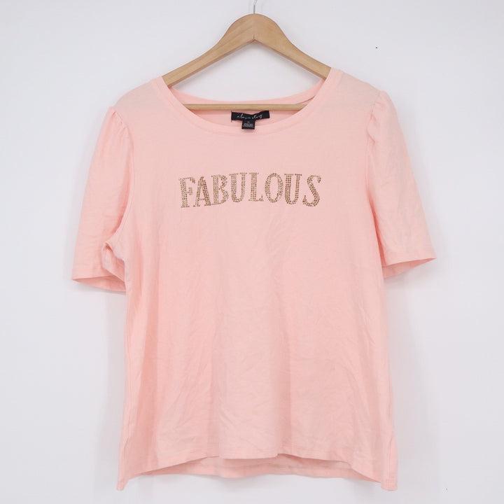 A Love Story Pink Fabulous Rhinestone Graphic Puff Sleeve Tee Shirt XL