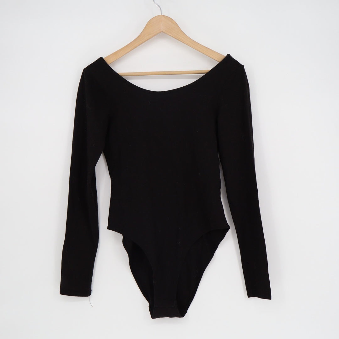 H&M Divided Bodysuit Womens Medium Black Stretch Knit Scoop Neck Long Sleeve