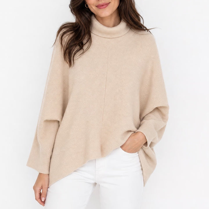 Oversized Cream Beige Ribbed Turtleneck Batwing Sleeve Knit Sweater Medium