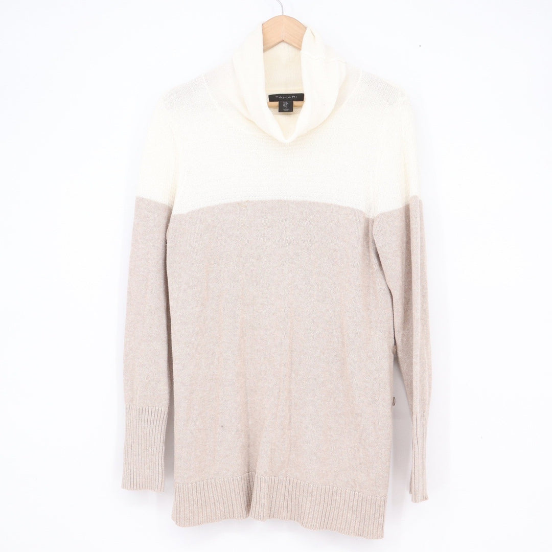 Tahari Women's Cowl Neck Color block Tunic Sweater Tan Cream Size L