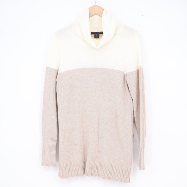 Tahari Women's Cowl Neck Color block Tunic Sweater Tan Cream Size L