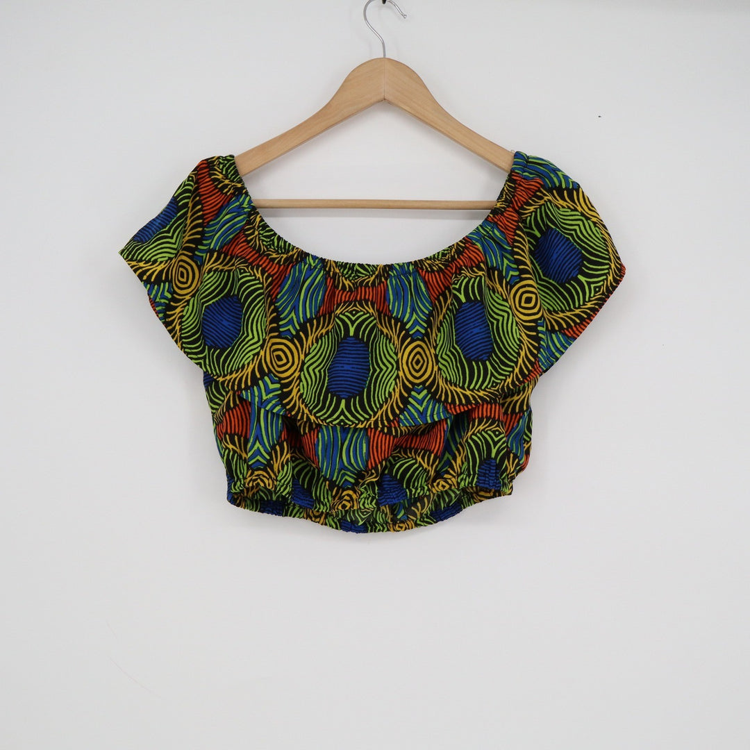 Truth NYC Womens Off Shoulder Crop Top Multicolor Geometric Ruffle Print Size M