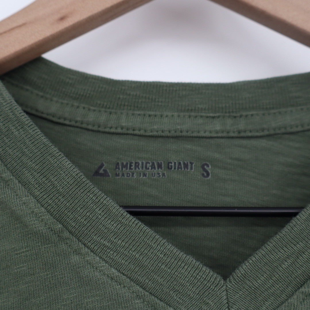 American Giant Mens V Neck T Shirt Green Cotton Made in USA Size Small