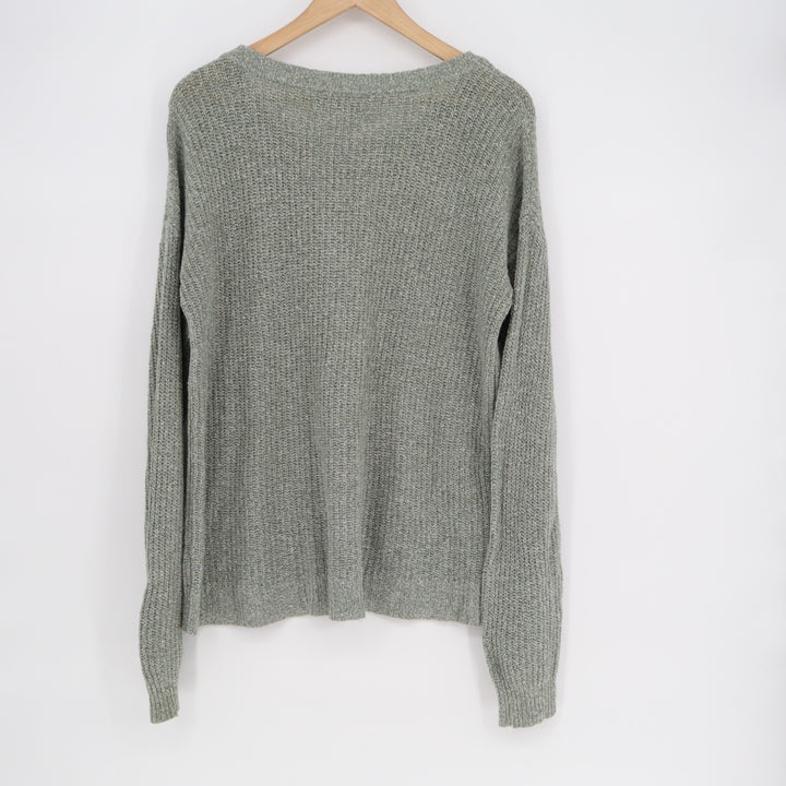 Rubbish Sweater Women Large Gray Cotton Waffle Knit Long Sleeve Crew Neck Winter