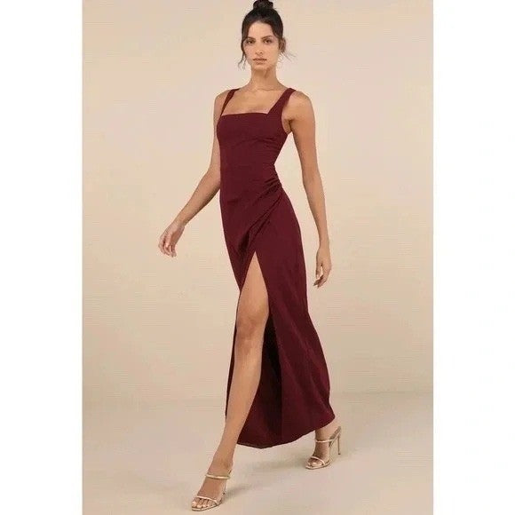 Lulus Rust Red Midi Dress Ruched Bodycon Tank Sleeveless Party Cocktail L