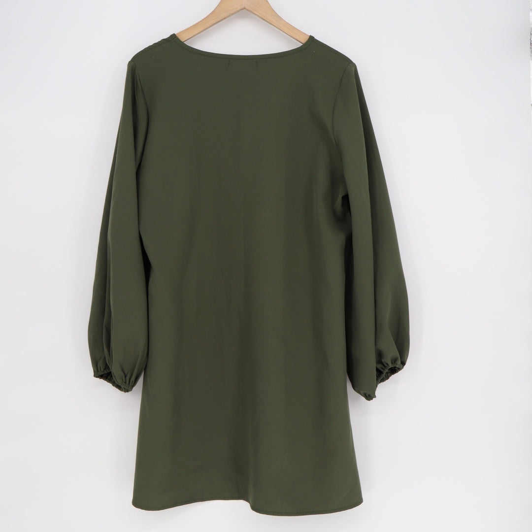 Solersun Olive Green V-Neck Balloon Sleeve Shift Mini Dress Large