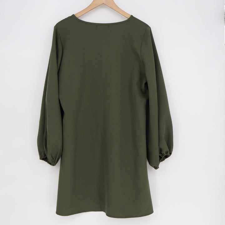 Solersun Olive Green V-Neck Balloon Sleeve Shift Mini Dress Large