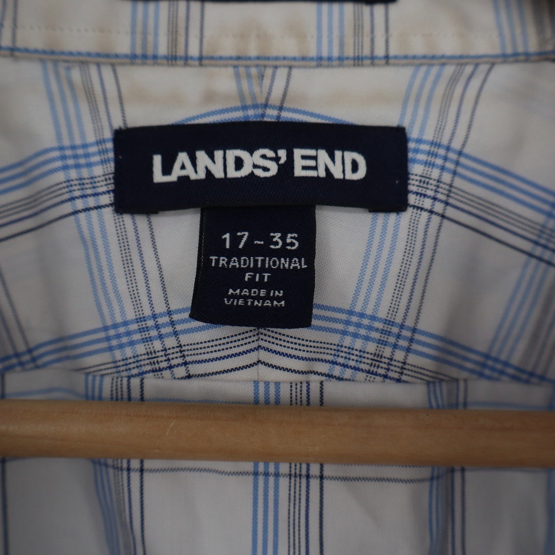 Lands End Mens Traditional Fit Supima Cotton Blue White Plaid Shirt